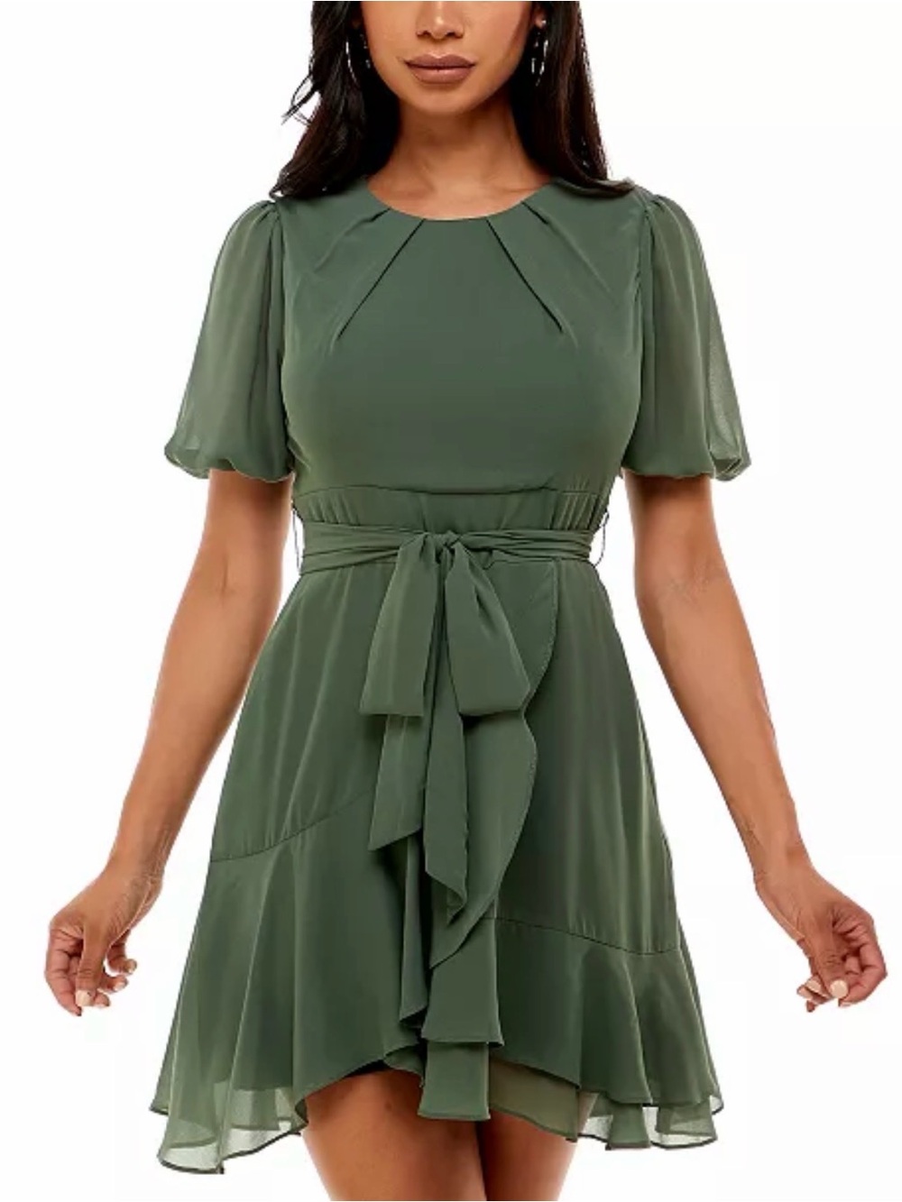 B Darlin Juniors’ Olive Puff-Sleeve A-Line Dress | Size 11/12